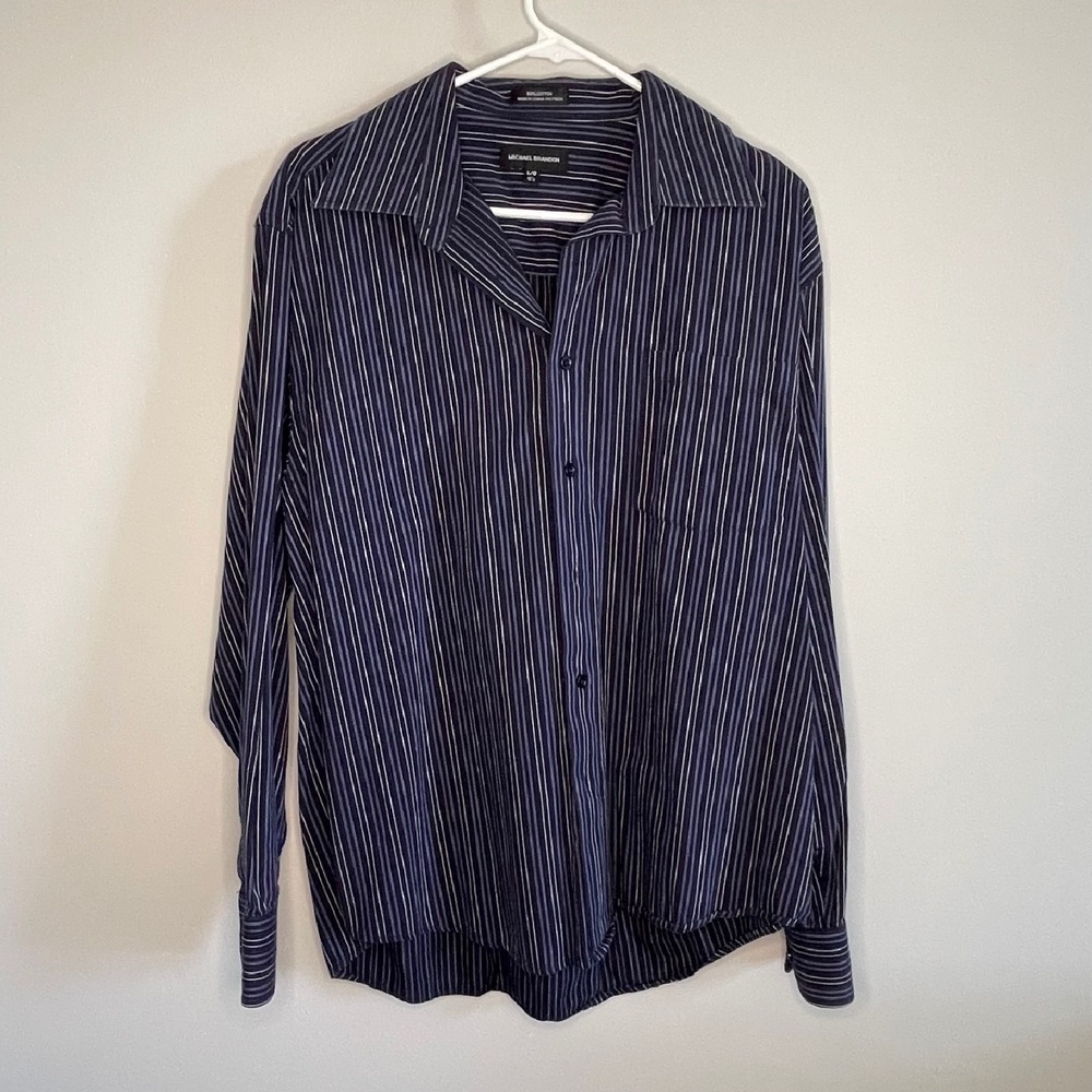 Michael Brandon Striped Button Up Black Blue‎ Long Sleeve Dress Shirt Mens Large